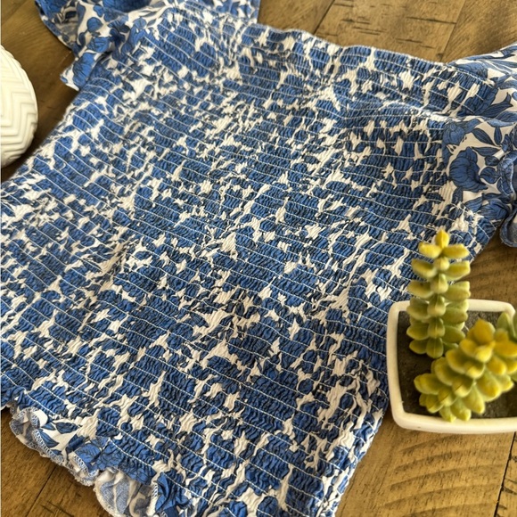 Japna Blue and White Puff Sleeve Smocked Blouse - Picture 6 of 8